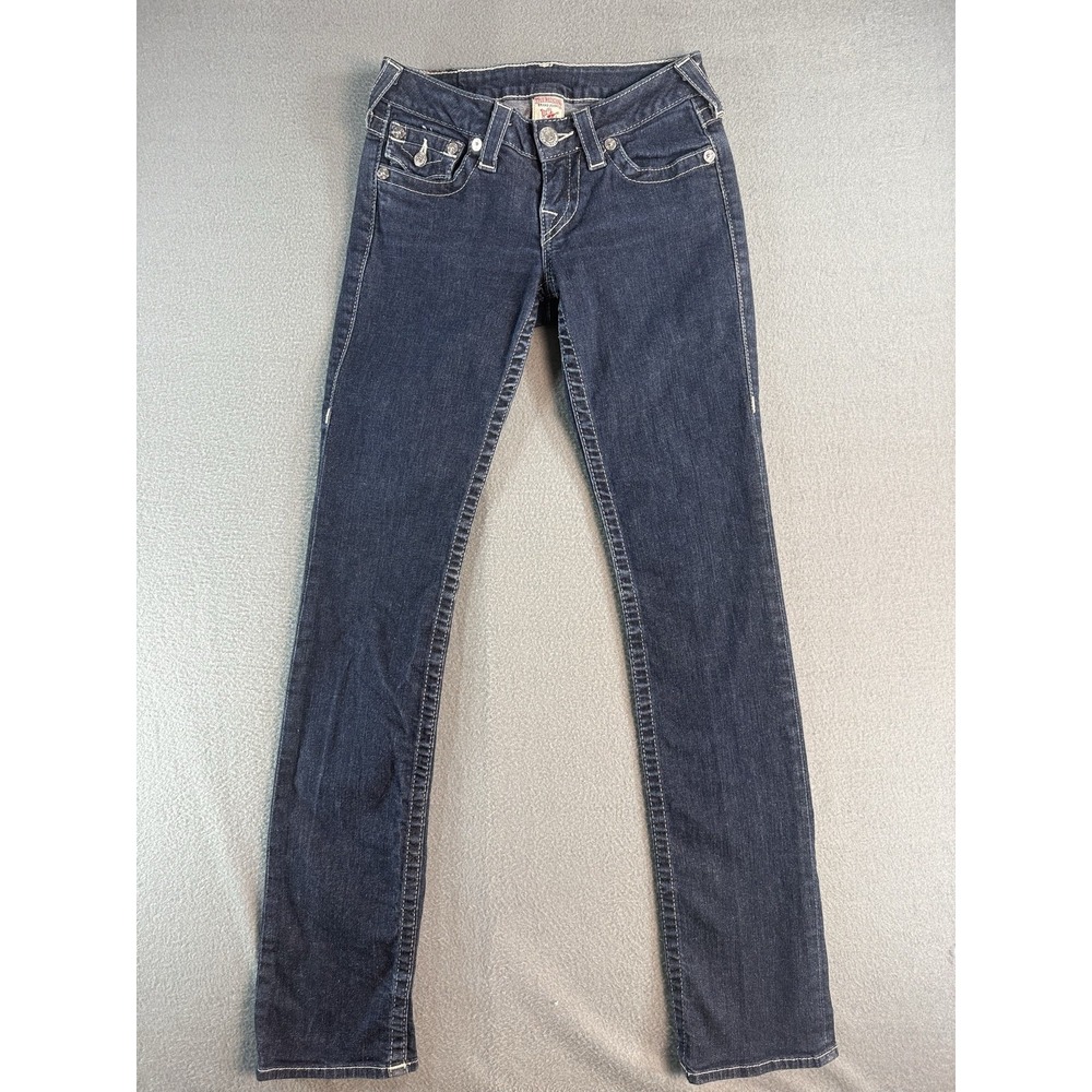 True Religion Straight Jeans Womens 26 Dark Wash Blue Low Rise Rhinestone Flap - Picture 3 of 10